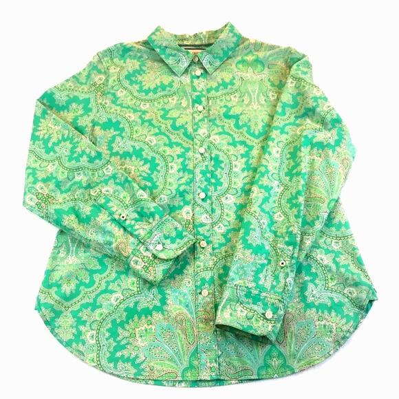 J. Crew Blouse Green Paisley Long Sleeve Blouse Size 14 - Picture 1 of 6